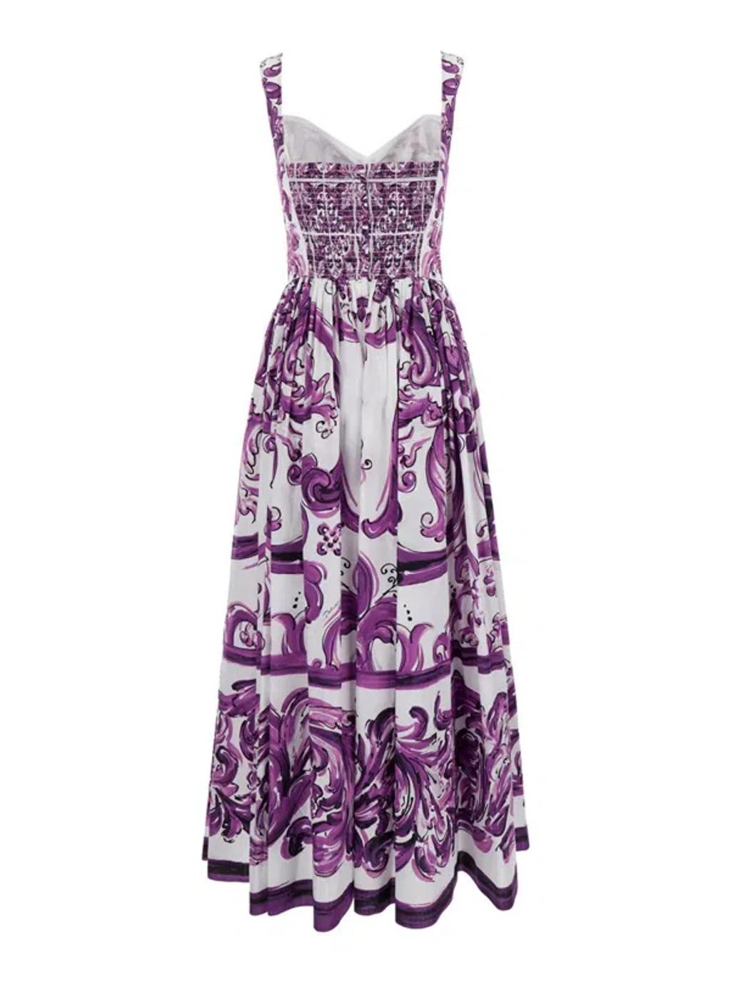 DOLCE & GABBANA Long Poplin Dress With Majolica Print In Purple Product Image