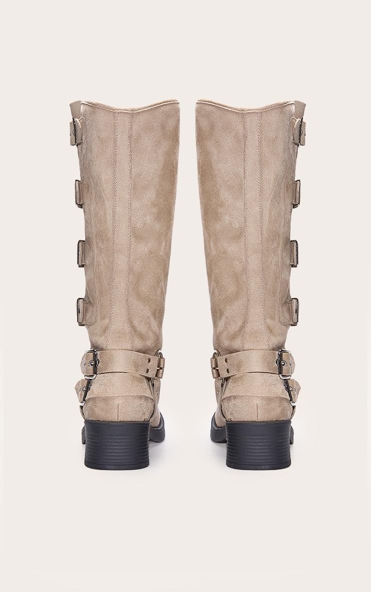 Cream Faux Suede Round Toe Multi Buckle Harness Knee High Boots Product Image