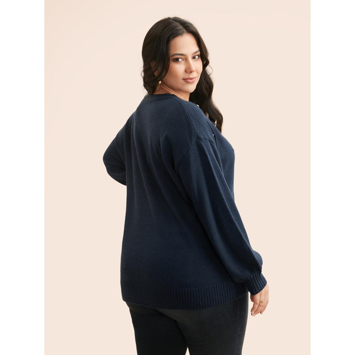 Plus Size Rhinestone Decor Dropped Shoulder Pullover Indigo Women Casual Loose Long Sleeve Round Neck Everyday Pullovers BloomChic 30/6X Product Image