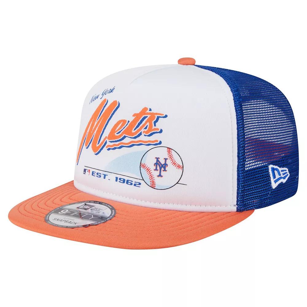 Men's New Era White/Orange New York Mets Retro Script Trucker 9FIFTY Snapback Hat Product Image