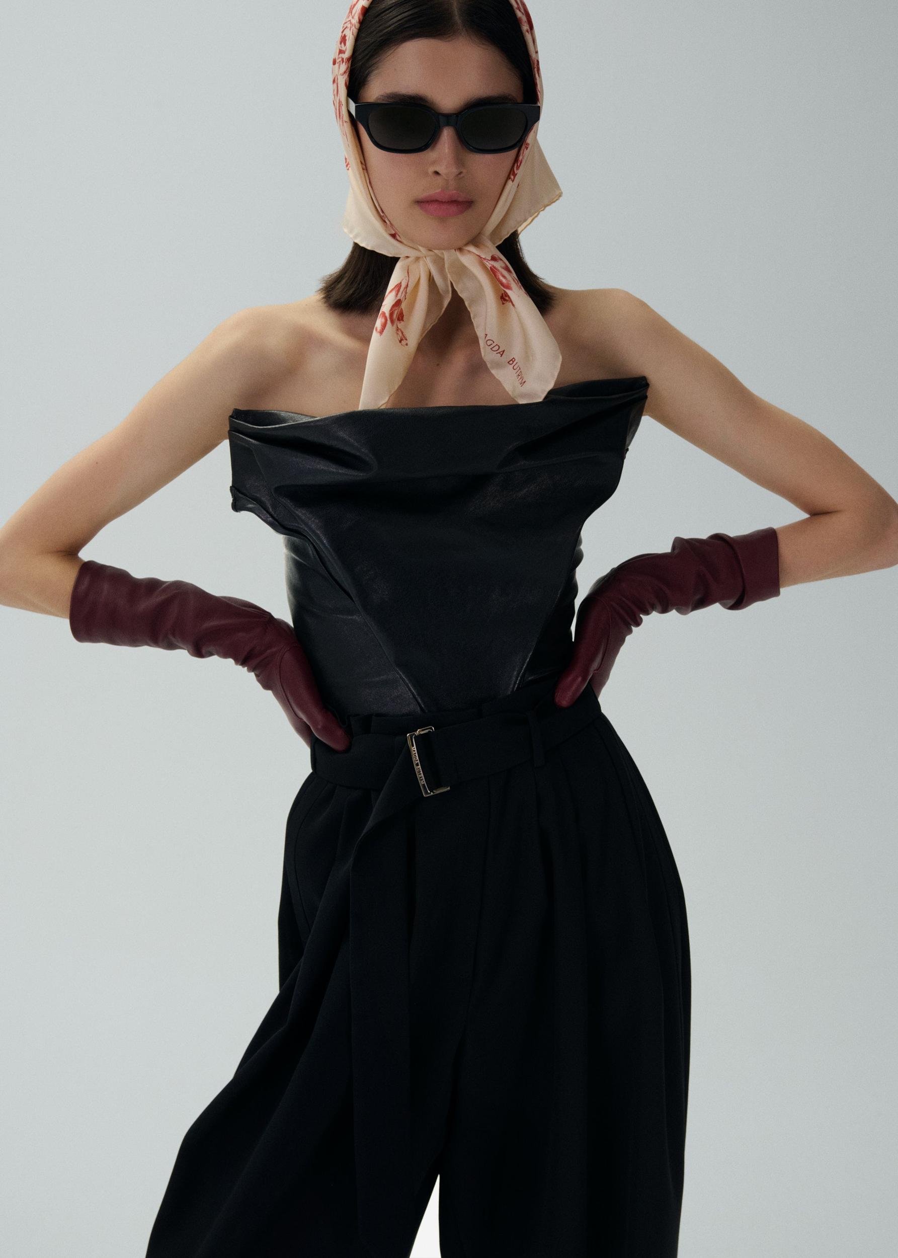 Draped strapless leather corset in black Product Image