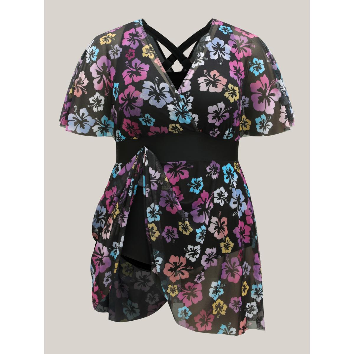 Plus Size Floral Mesh Layered Surplice Swim Dress Women's Swimwear BlackFlower Beach Bodycon Overlap Collar High stretch Curve Swim Dresses BloomChic 22-24/3X Product Image