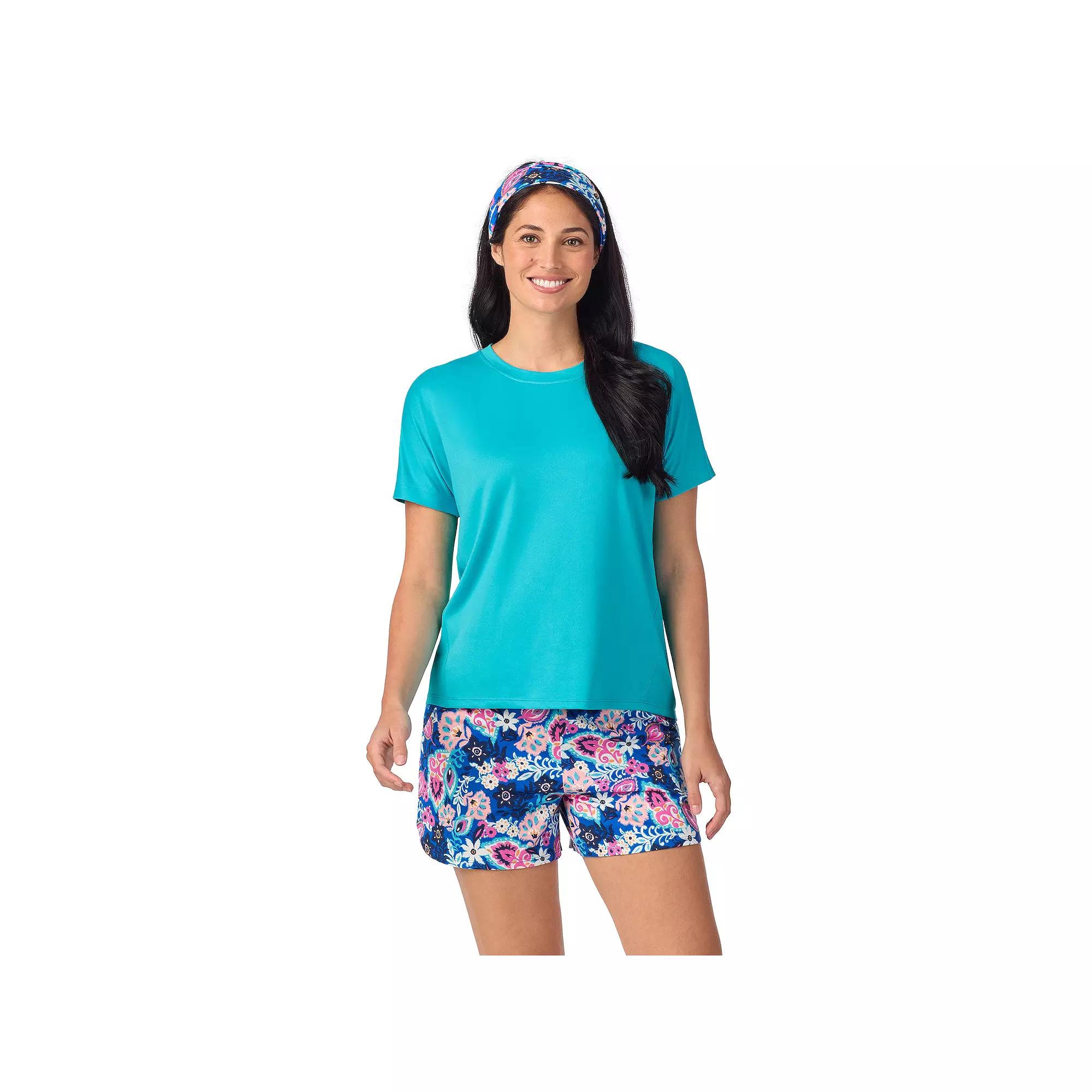 Women's Cuddl Duds® Short Sleeve Pajama Top & Pajama Shorts Set with Matching Headband, Size: Medium, Blue Ethnic Floral Product Image