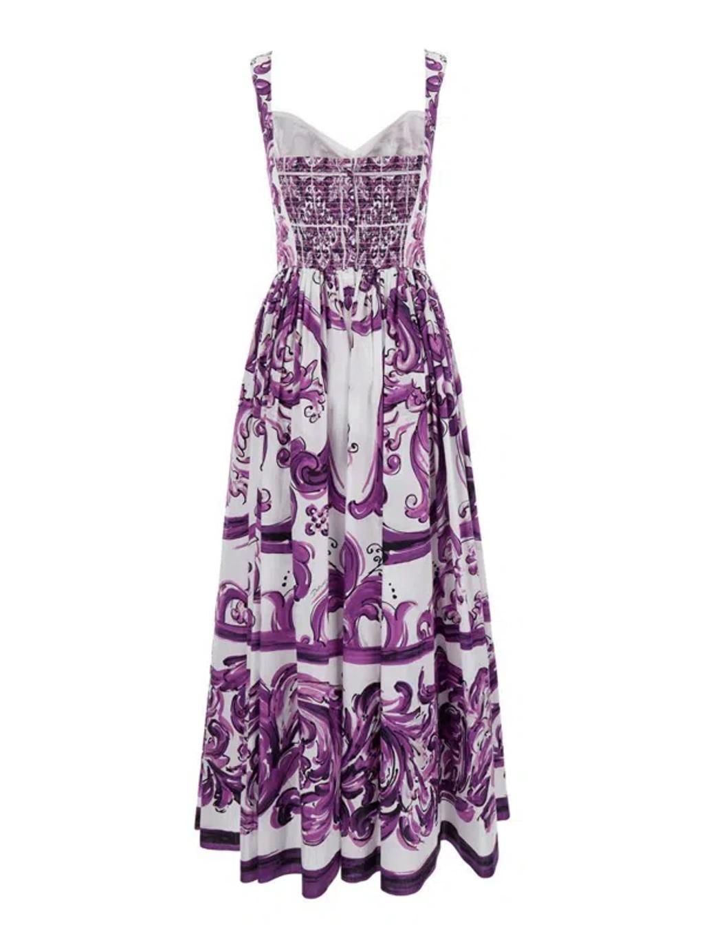 DOLCE & GABBANA Long Poplin Dress With Majolica Print In Purple Product Image