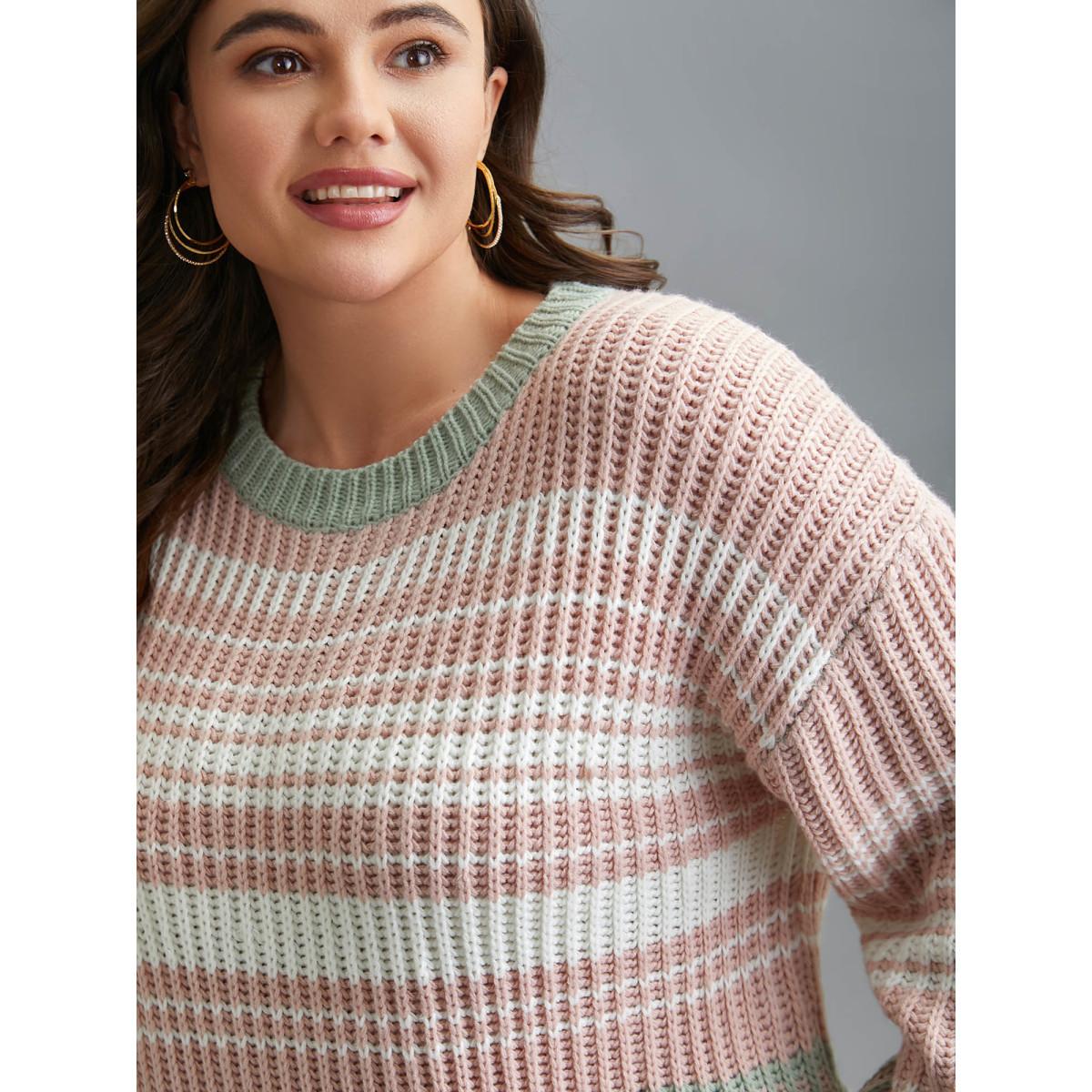 Plus Size Striped Contrast Colors Ribbed Pullover Greenbean Women Casual Loose Long Sleeve Round Neck Everyday Pullovers BloomChic 22-24/3X Product Image