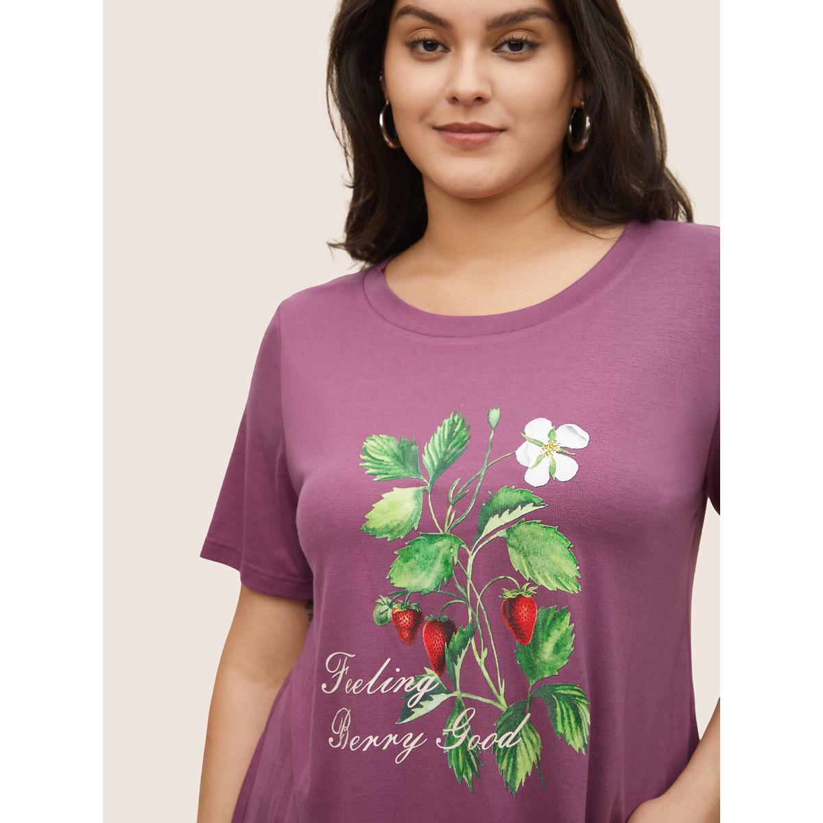 Plus Size Strawberry Print Round Neck T-shirt Purple Women Casual Non Natural Flowers Everyday T-shirts BloomChic 22-24/3X Product Image
