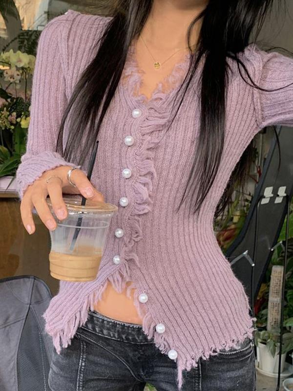 Solid Rib V Neck Frayed Trim Knit Cardigan Product Image