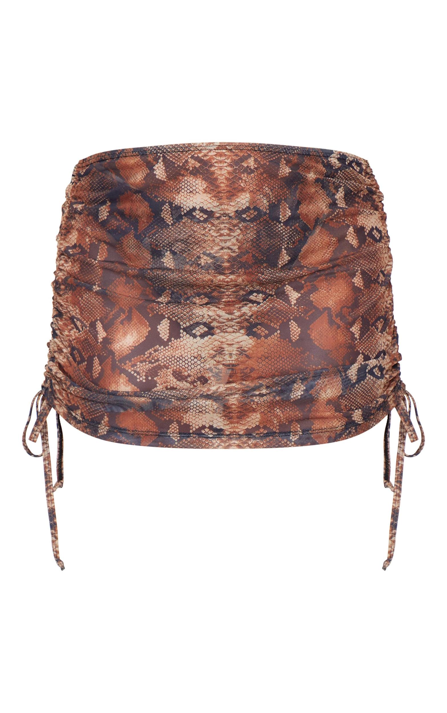 Brown Snake Print Ruched Detail Mesh Beach Skirt Product Image