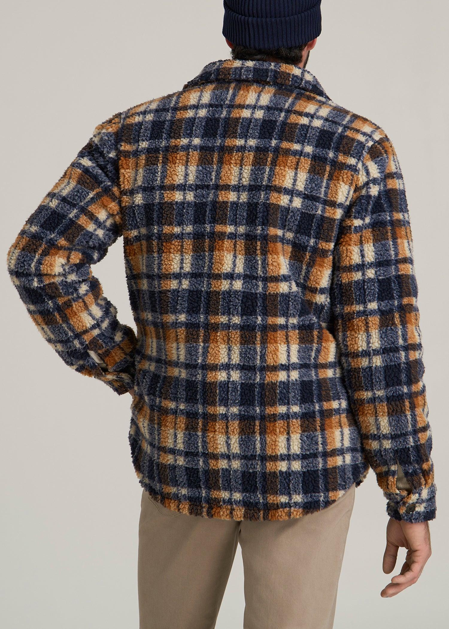 Sherpa Shirt Jacket for Tall Men in Dark Blue and Orange Plaid Male Product Image