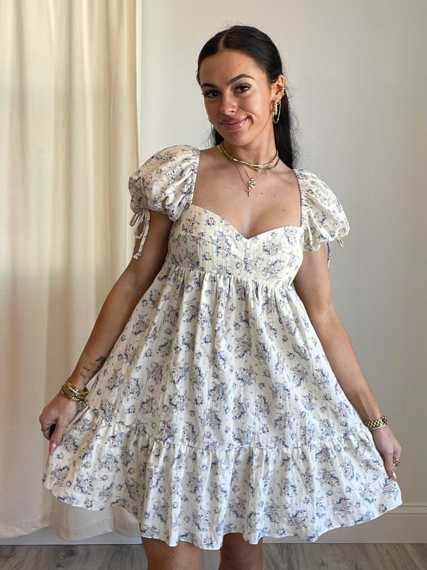 FINAL SALE Bardot Floral Babydoll Dress | Taupe Blue Product Image