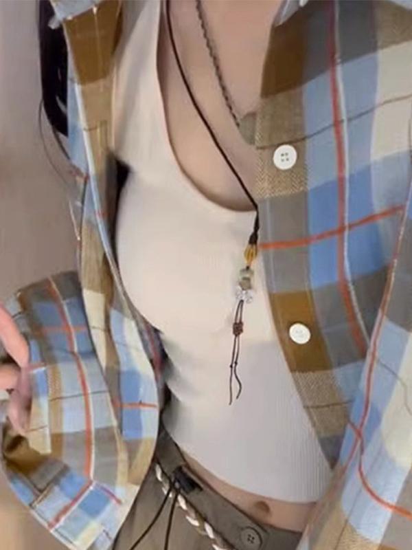 Vintage Contrast Plaid Print Long Sleeve Blouse Product Image