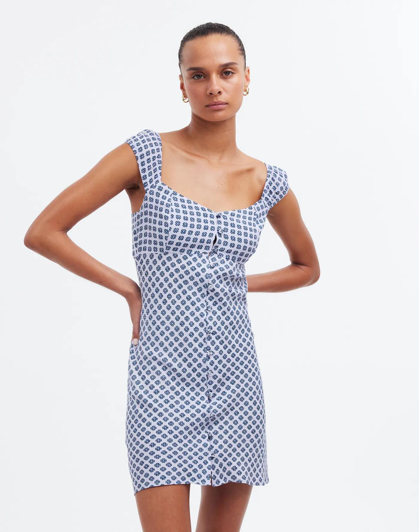 Cap-Sleeve Button-Front Mini Dress in Geometric Print Product Image