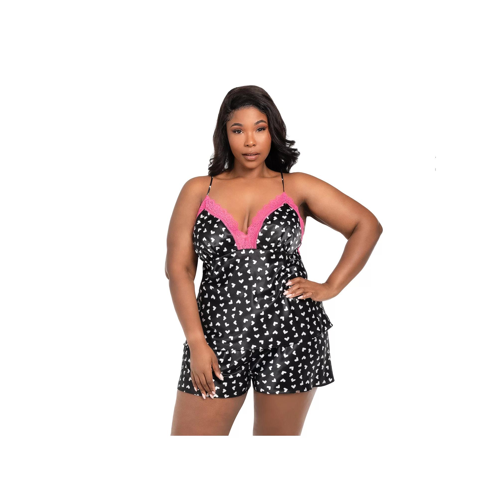 Plus Size Lilac+London 2-Piece Pajama Cami Top & Pajama Shorts Set, Women's, Size: 1XL, Black Hearts Product Image