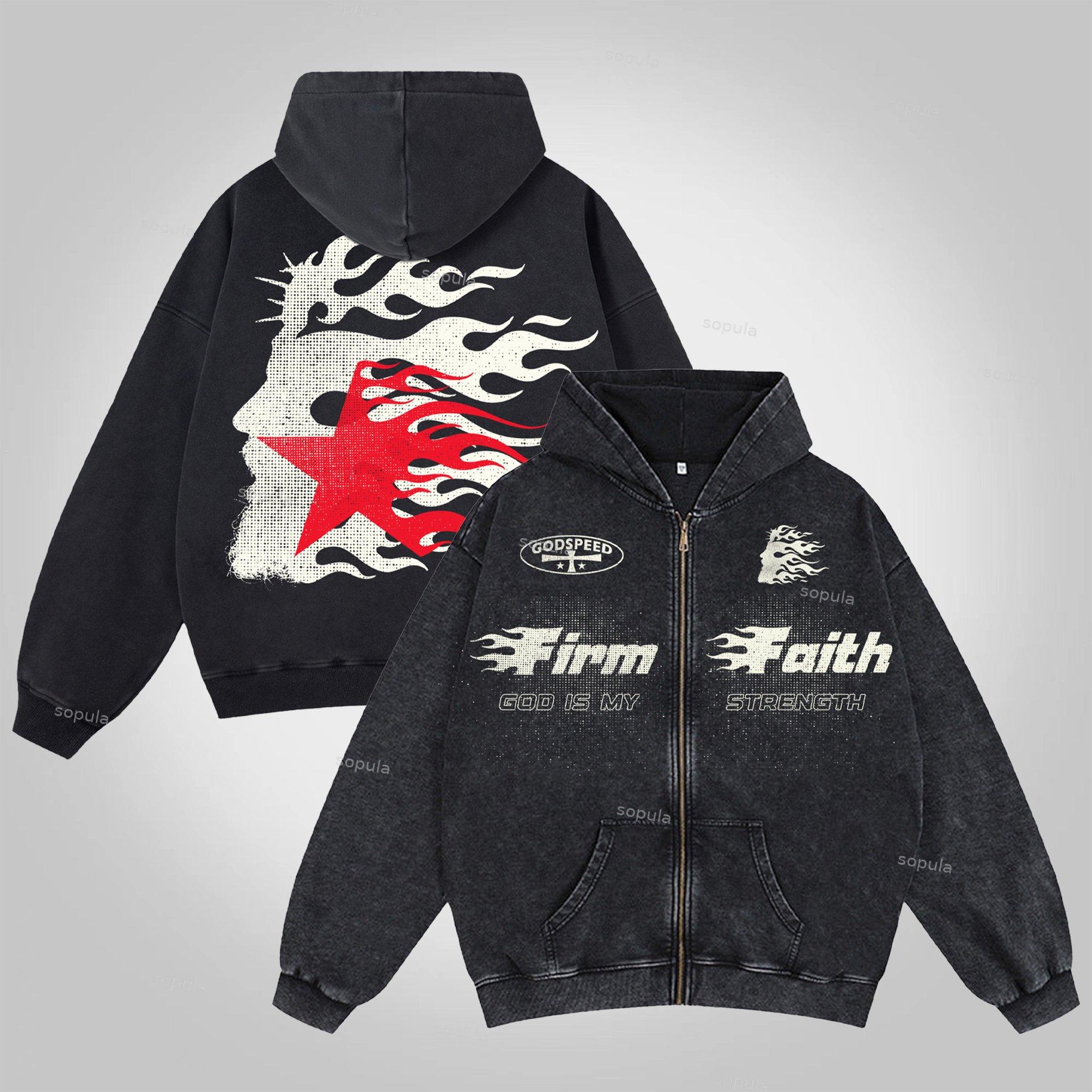 Sopula Flame Jesus Silhouette Vintage Graphic Washed Zip-Up Hoodie Product Image