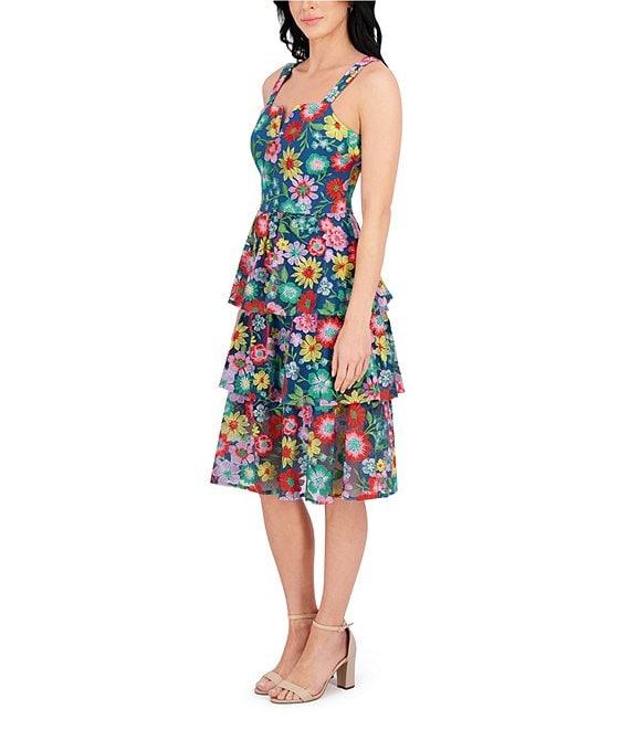 Kensie Floral Embroidered Mesh Square Neck Sleeveless Ruffle Tiered A-Line Dress Product Image