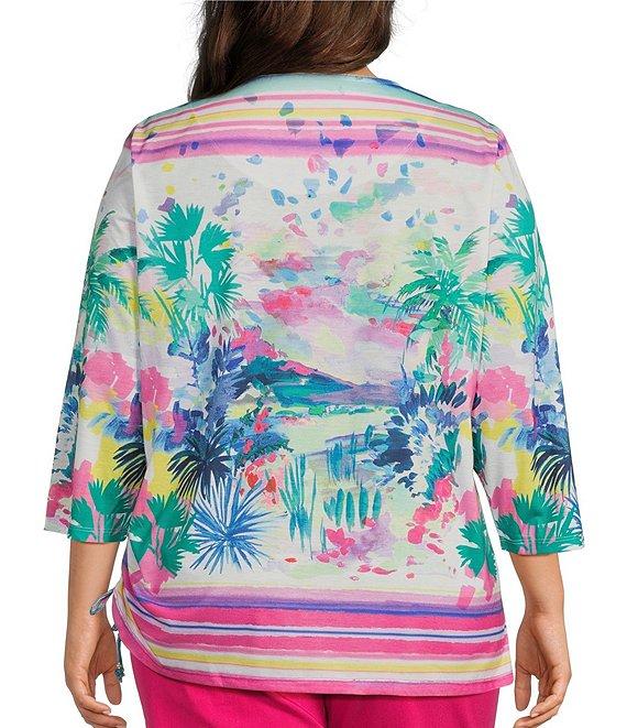 Allison Daley Plus Size Embellished Watercolor Tropics Print 3/4 Sleeve Crew Neck Ruched Side Tie Hem Knit Top Product Image