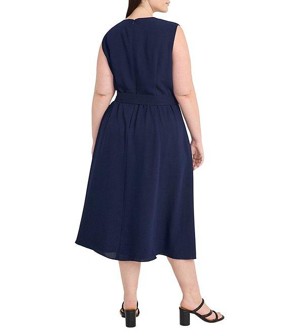 Maggy London Plus Size V Neck Sleeveless Belted A Line Drapey Twill Midi Dress Product Image