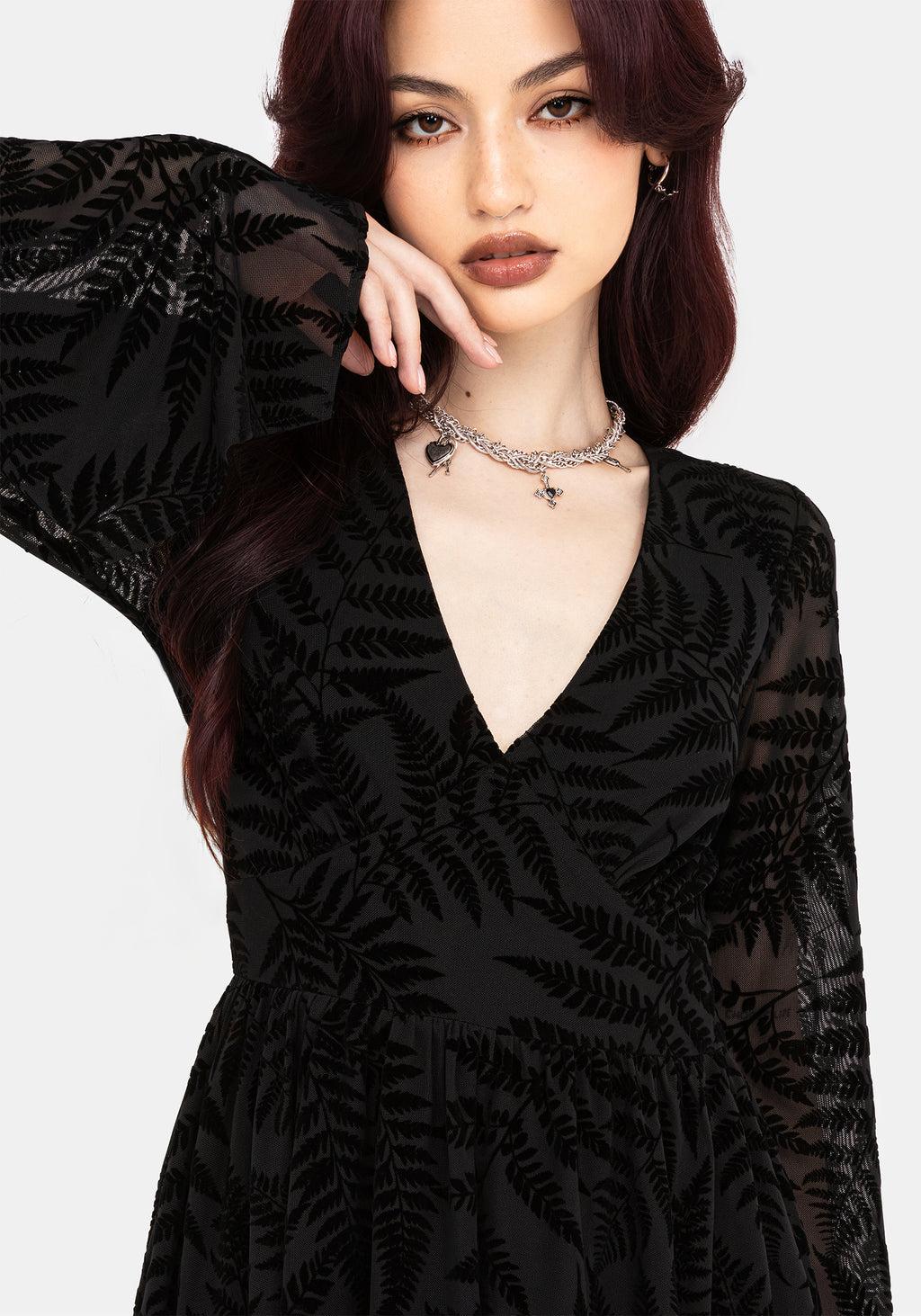 Lunafern Fern Leaf Flocked Mesh Flute Sleeve Mini Dress Product Image