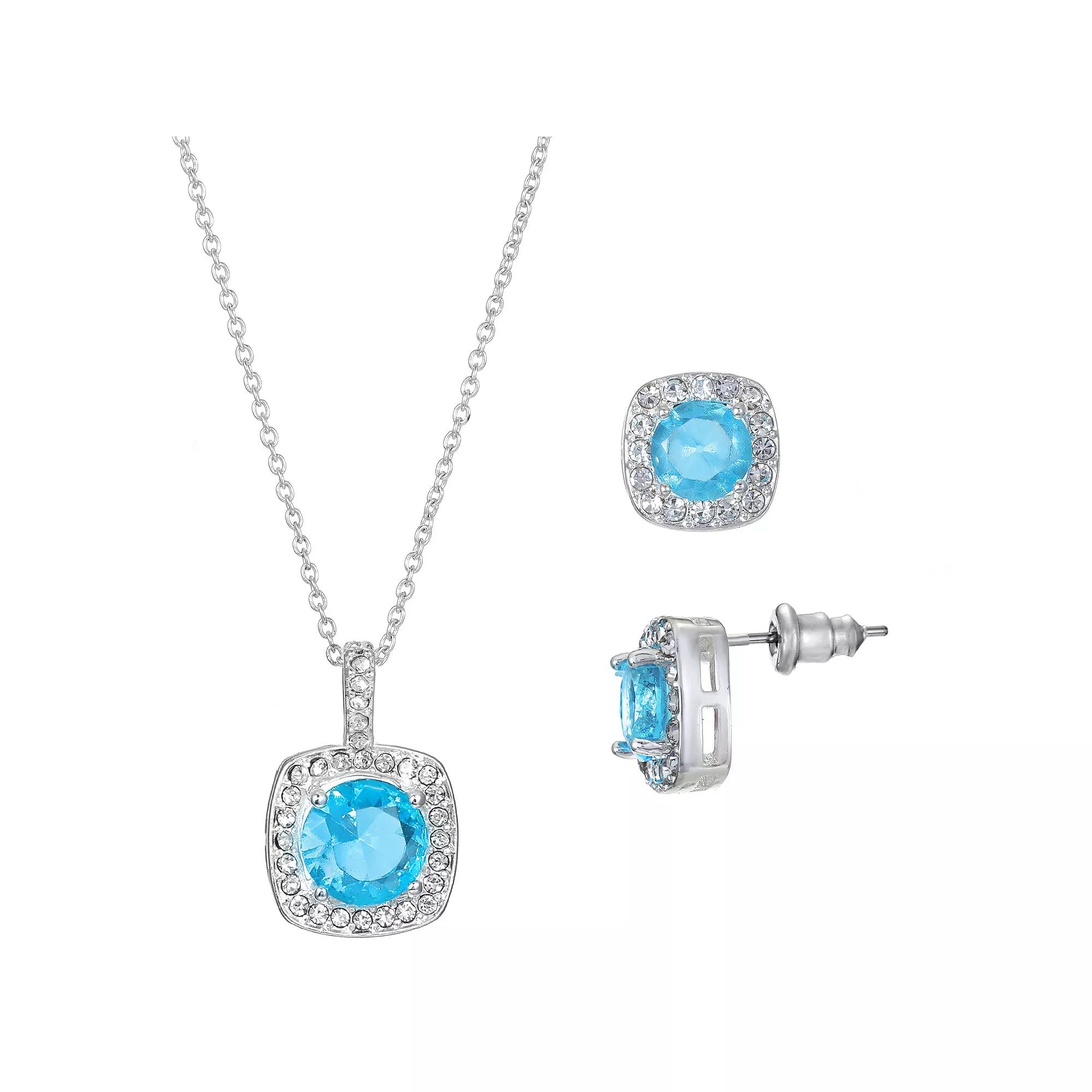 Primavera Silver Plated Aqua Cubic Zirconia Square Pendant & Earring Set, Womens Silver Tone Product Image