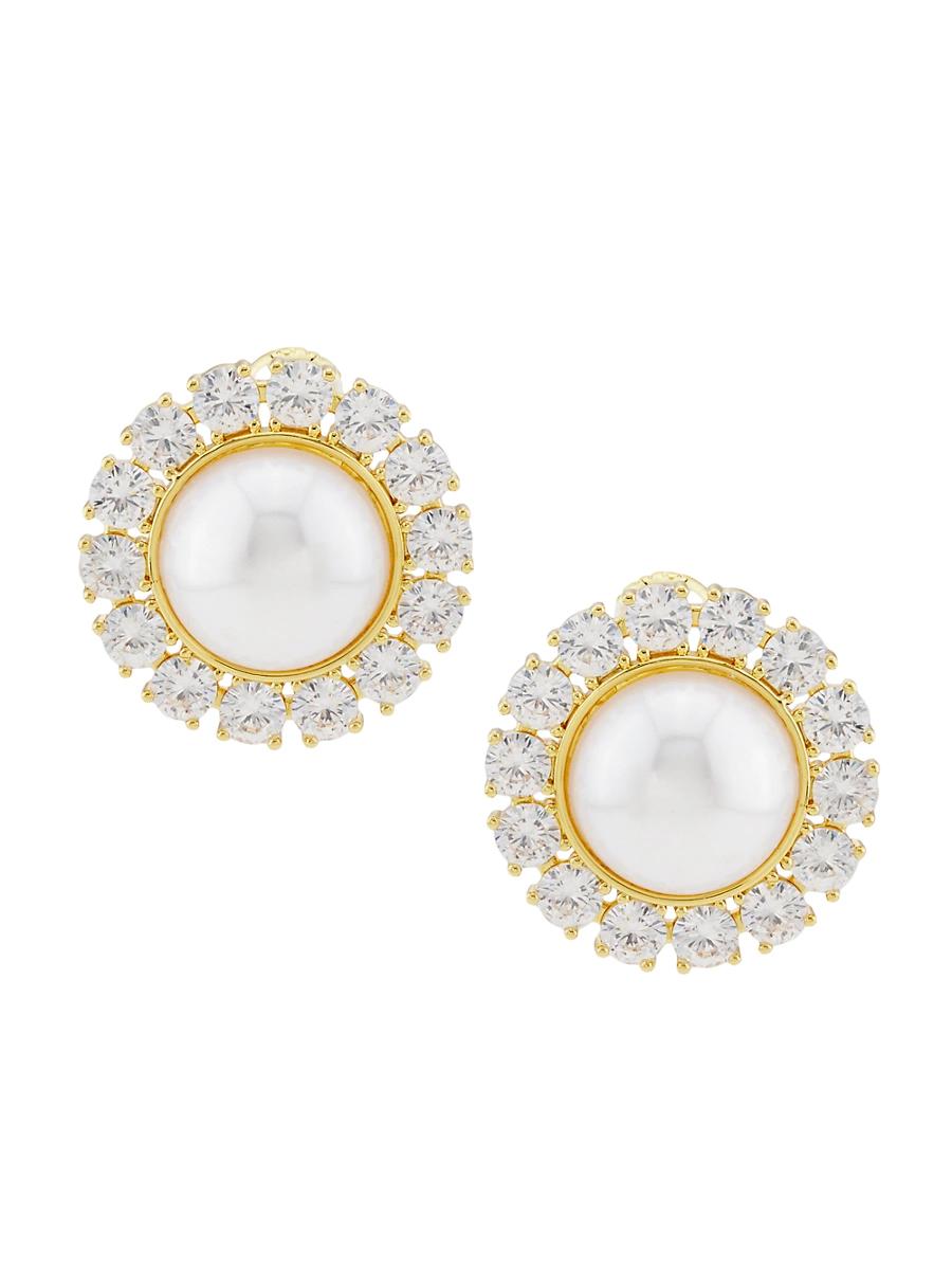 Womens 14K-Gold-Plated, Imitation Pearl & Cubic Zirconia Domed Stud Earrings Product Image