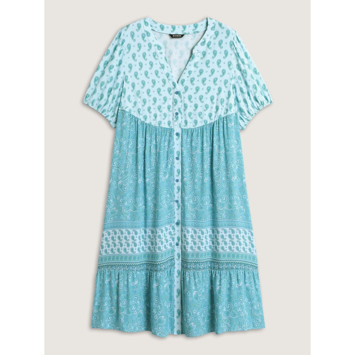 Plus Size Paisley Print Contrast Button Placket Midi Dress Mint Women Flat collar with V-notch Half Sleeve Curvy BloomChic 18-20/2X Product Image