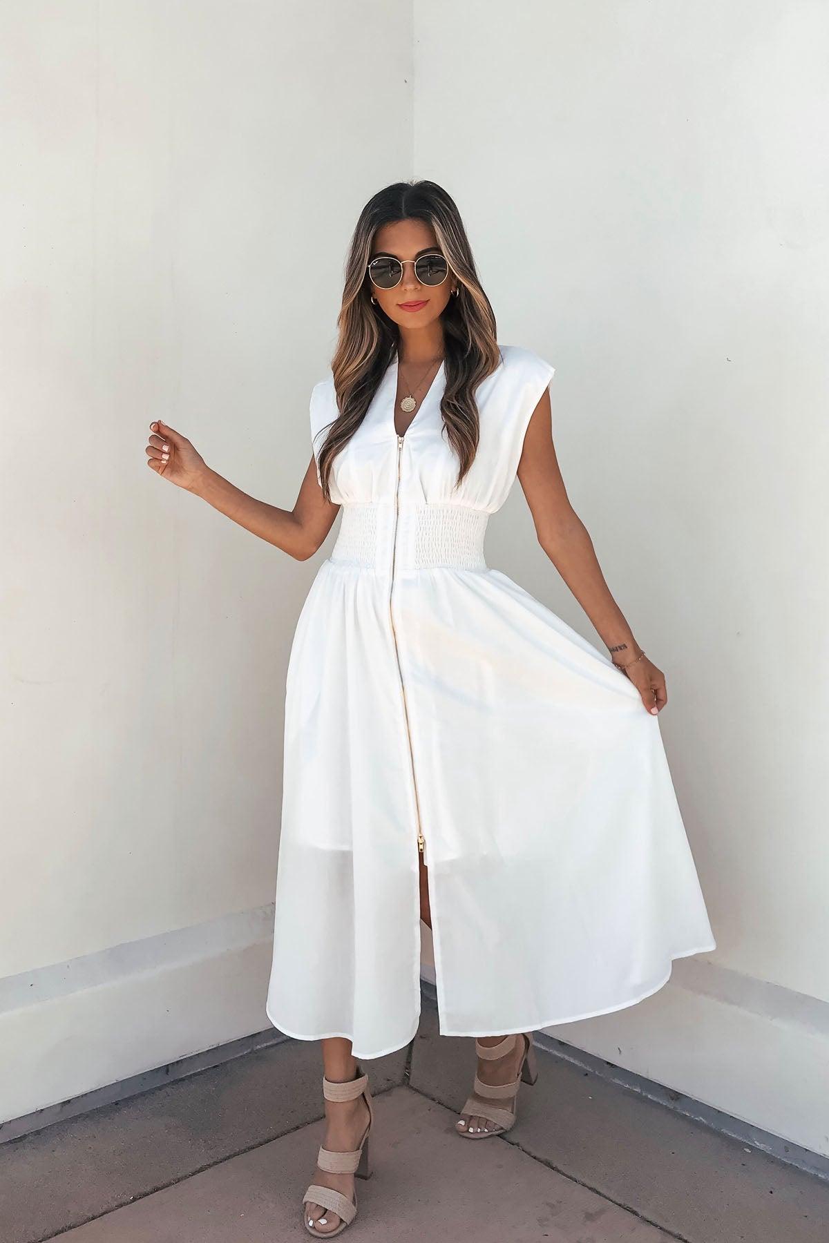 Solid Zip Up Front Midi Dress - White - FINAL SALE Product Image