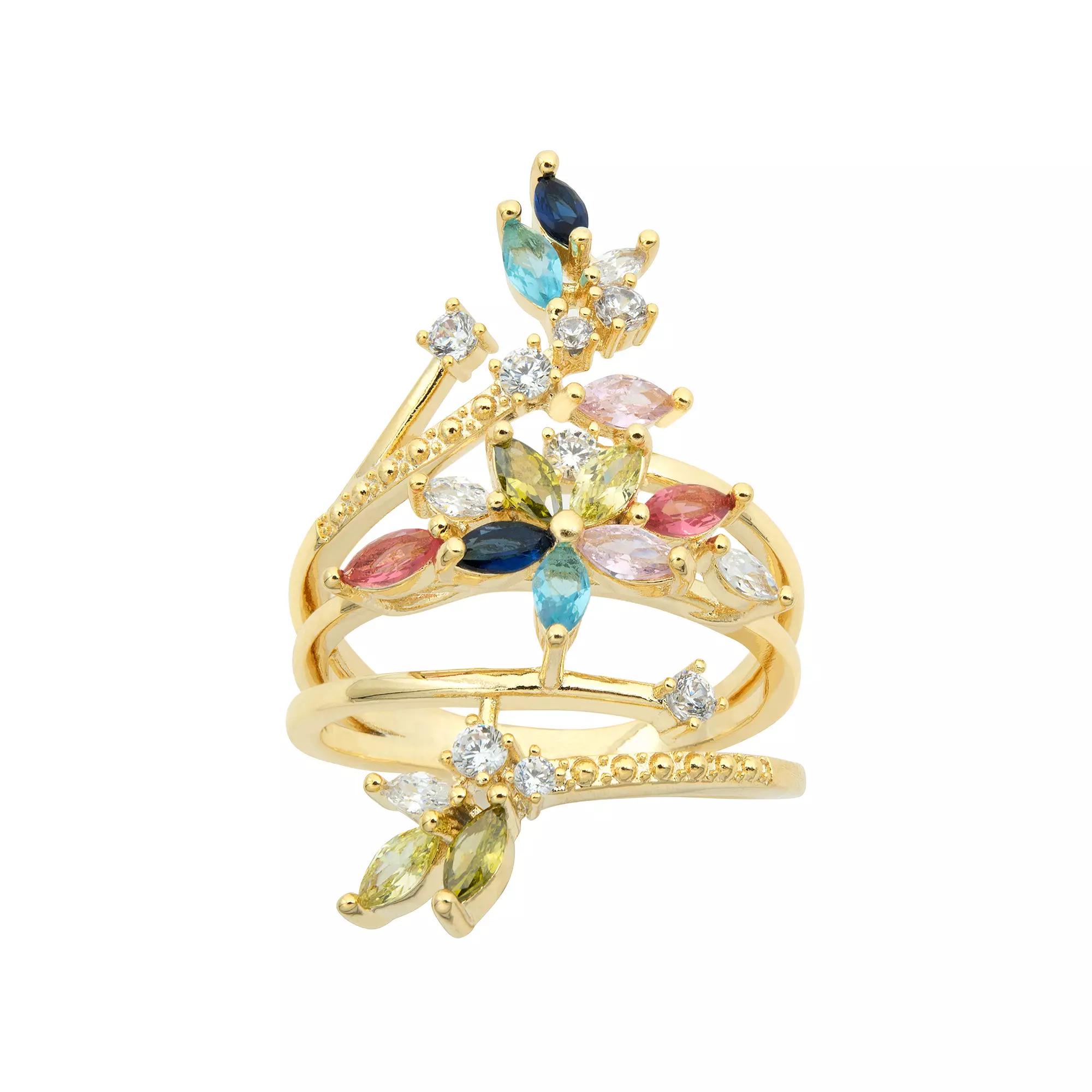 Brilliance Gold Tone Multicolor Crystal & Cubic Zirconia Flower Wrap Ring, Women's, Size: 7, Gold Tone Teamcolor Product Image