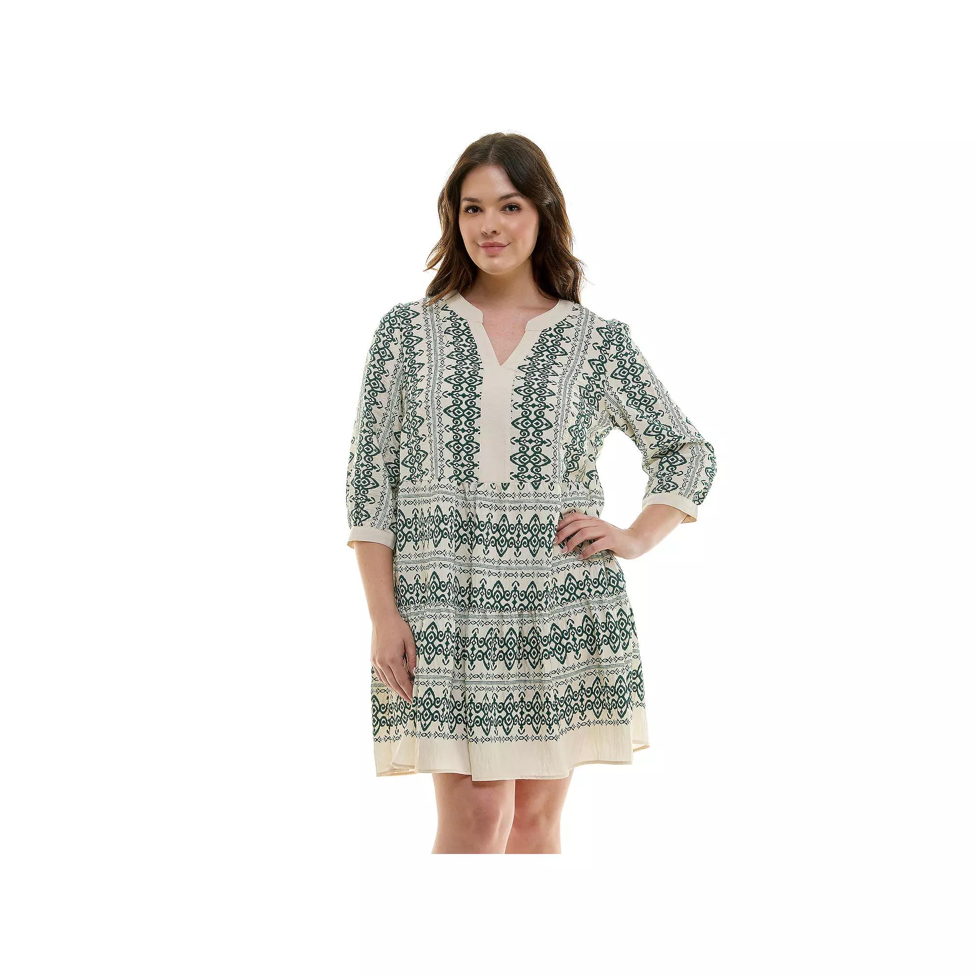 Plus Size Figueroa & Flower V-Neck Printed Baby Doll Dress, Women's, Size: 2XL, Cream Pink Product Image