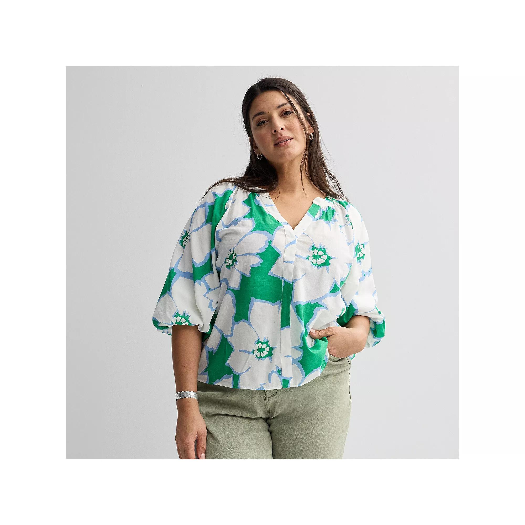 Plus Size Sonoma Goods For Life® Shirred Y-Neck Balloon Sleeve Blouse, Women's, Size: 0X, Green Brush Floral Product Image