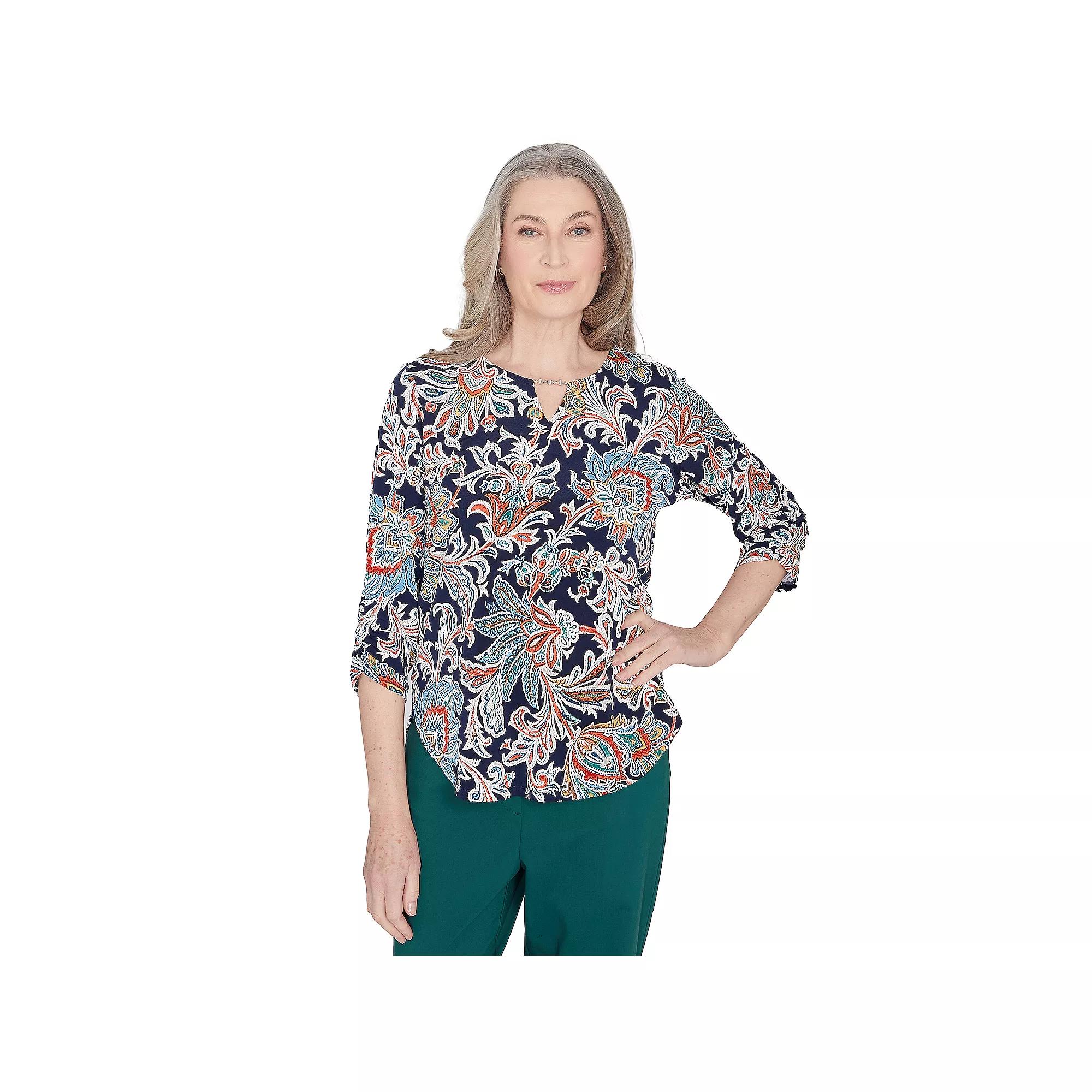 Petite Alfred Dunner Scroll Three Quarter Ruched Sleeve Top, Women's, Size: Large Petite, Multi Blue Product Image