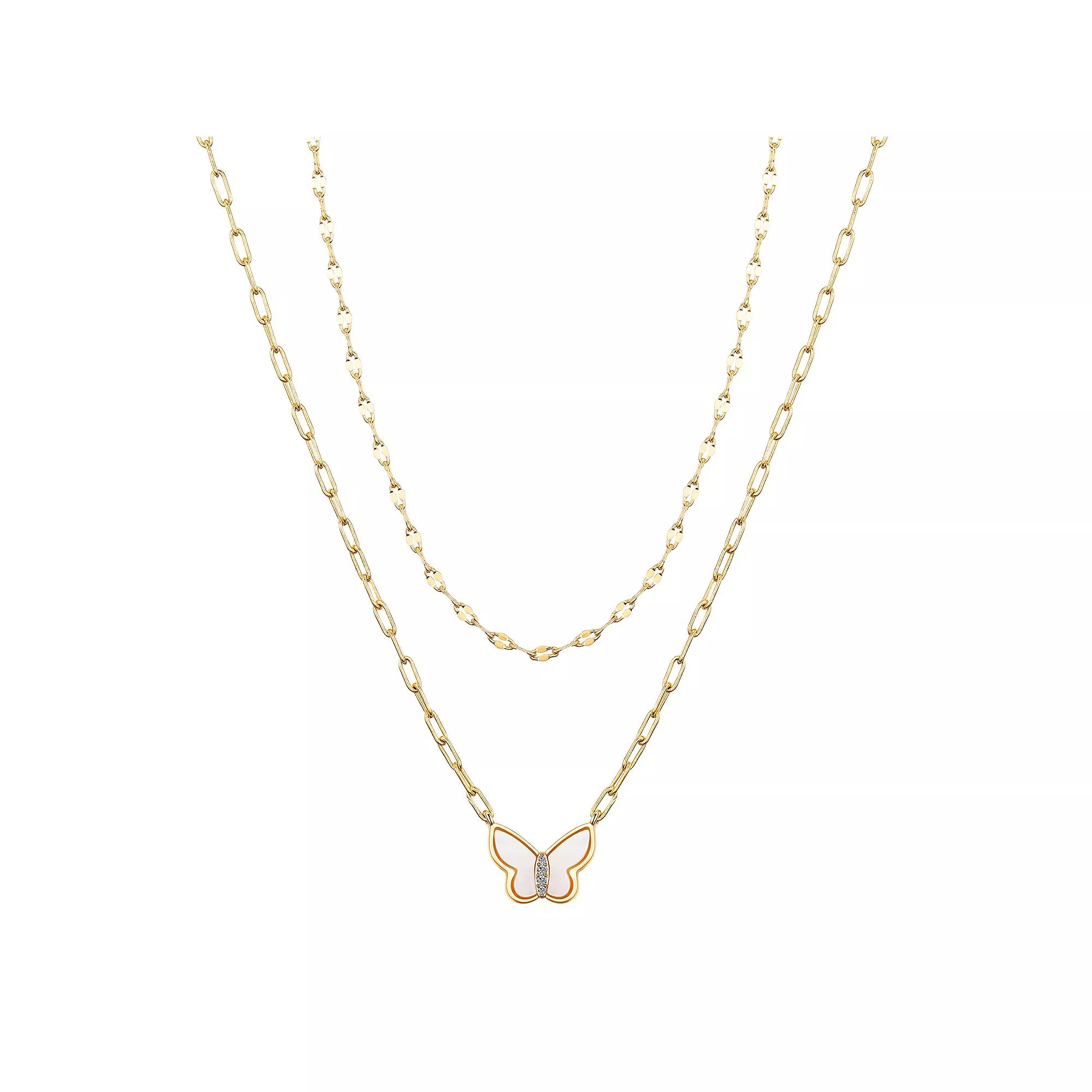 Love This Life® 14k Gold Flash Plated Cubic Zirconia & Mother-of-Pearl Butterfly Layered Necklace Duo Set, Women's, Size: 16/18+2", Gold Tone Product Image