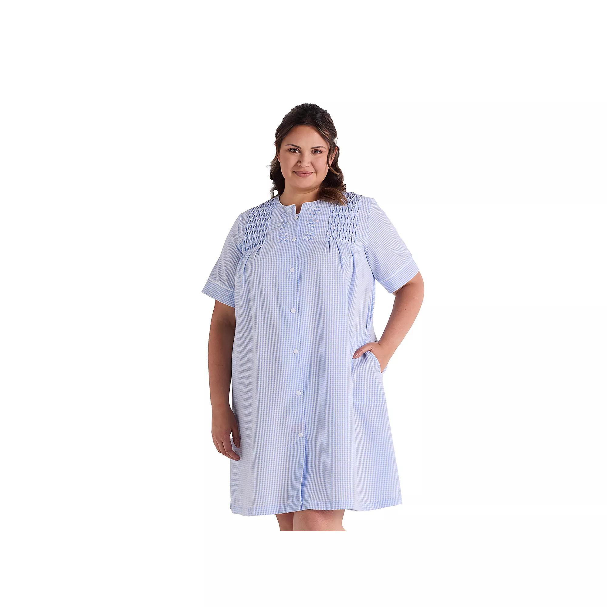 Plus Size Miss Elaine Essentials Seersucker Short Snap Robe, Women's, Size: 2XL, Blue White Check Product Image