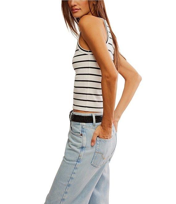 Free People Mia Striped Print Ribbed Knit High Square Neck Sleeveless Tank Product Image