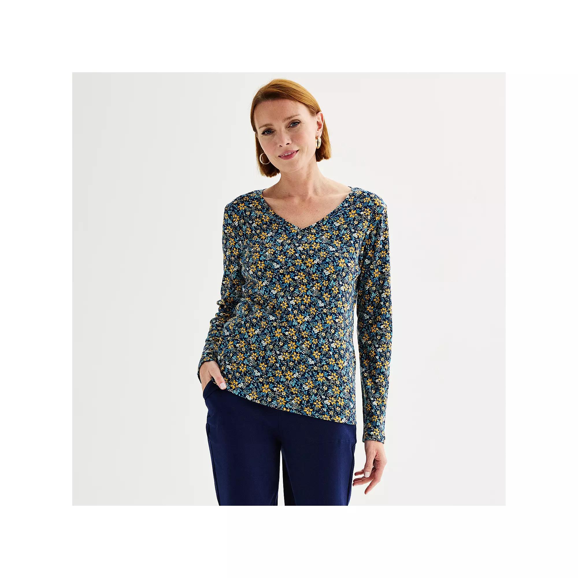 Petite Croft & Barrow® Essential Long-Sleeve V-Neck Top, Women's,  Product Image