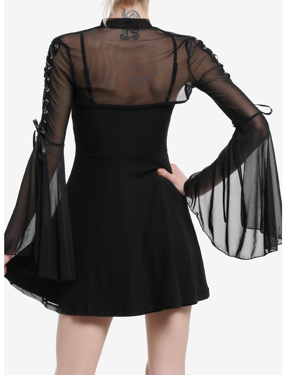 Cosmic Aura Cross Mesh Bell Sleeve Lace-Up Twofer Dress Product Image