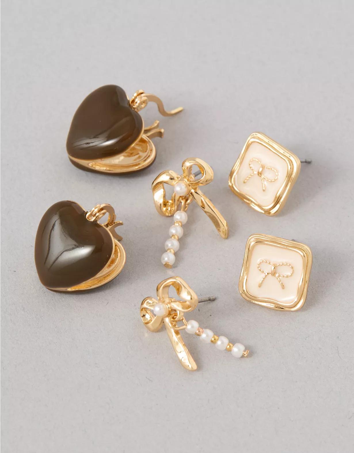 AEO Brown Heart & Bow Earrings 3-Pack Product Image