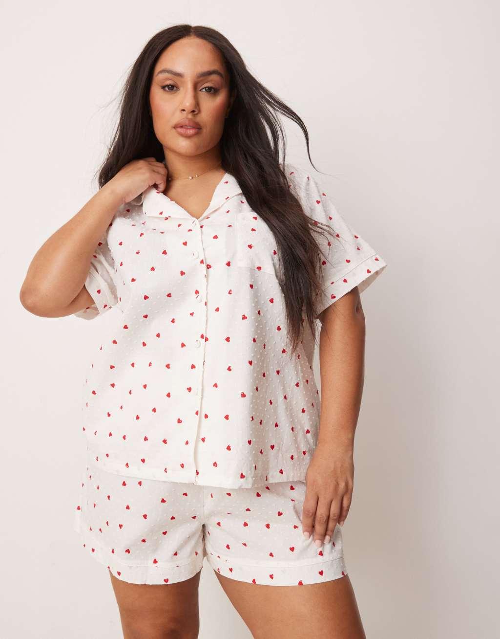Loungeable Curve heart printed textured short sleeve shirt & shorts pajama set in ivory Product Image
