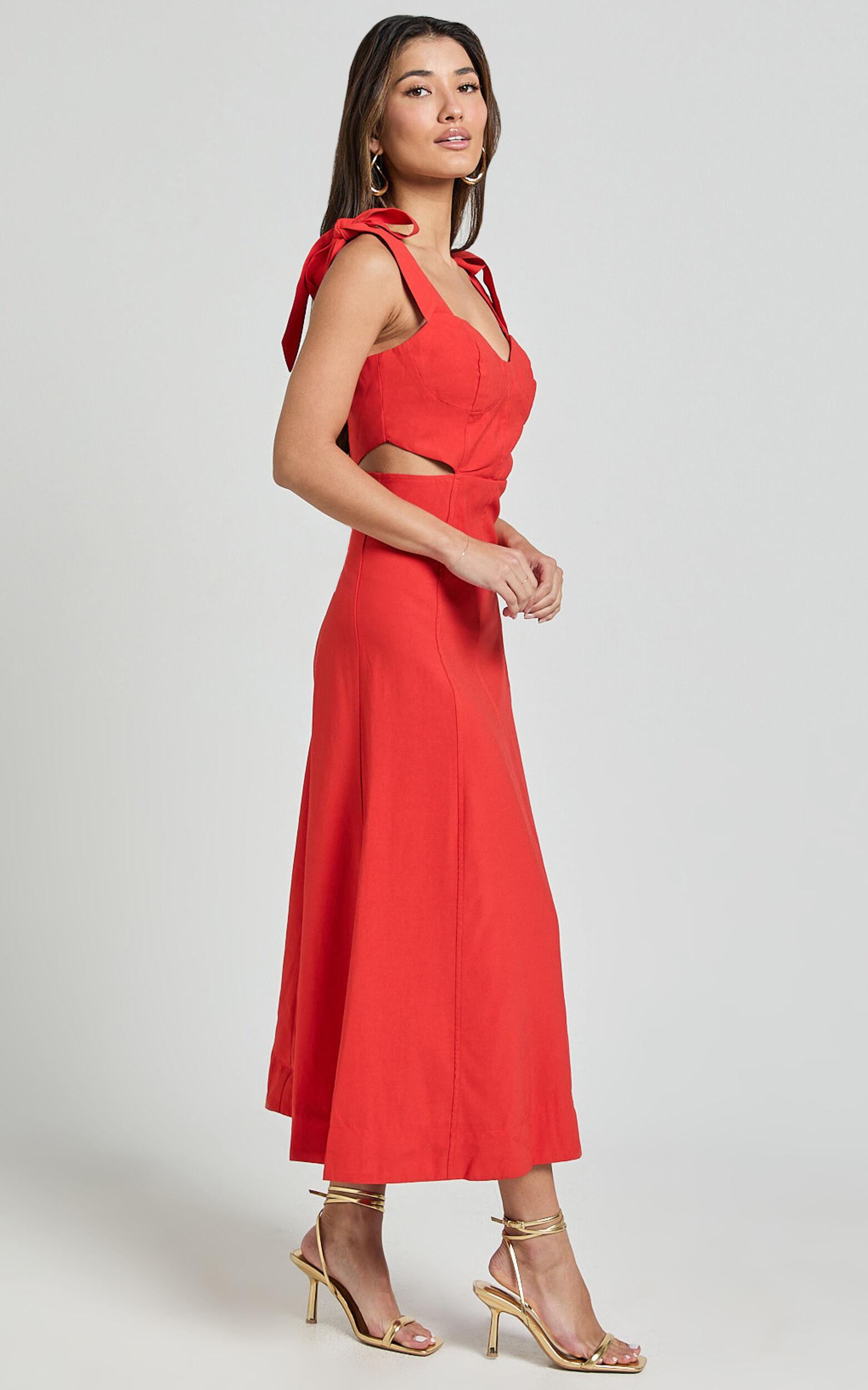 Giana Midi Dress - Shoulder Tie Cut Out Thigh Split Dress in Red Product Image