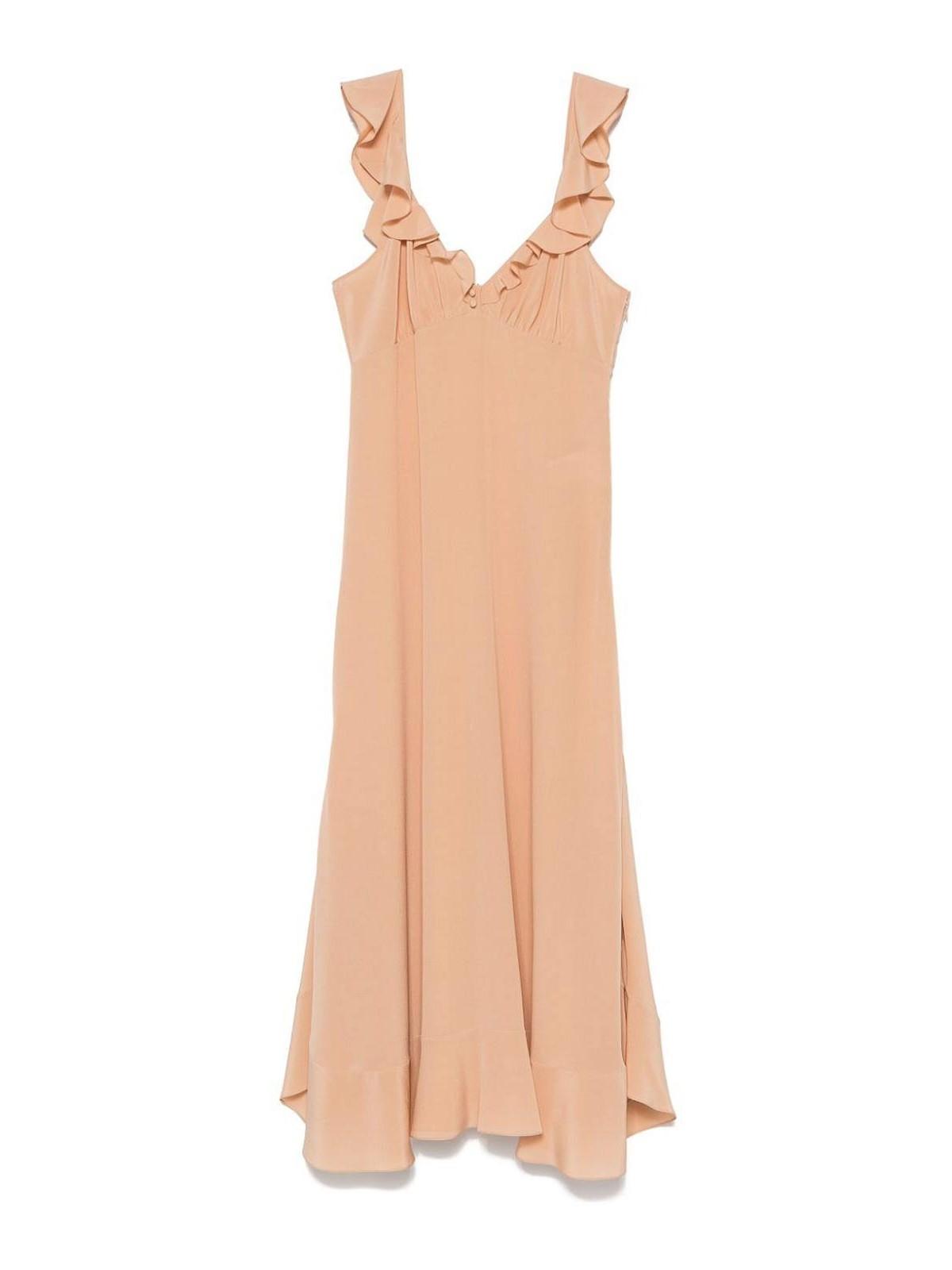 CHLOÉ Long Silk Dress With Flared Skirt And Ruffled Straps In Beige Product Image