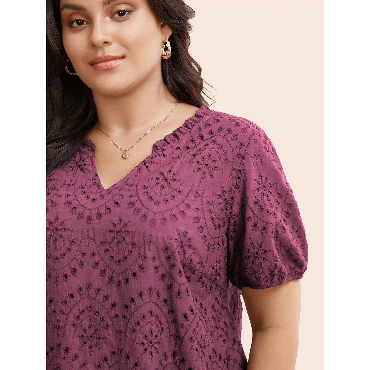Plus Size RedViolet Notched Broderie Anglaise Frill Trim Blouse Women Elegant Short sleeve Notched collar Everyday Blouses BloomChic 18-20/2X Product Image