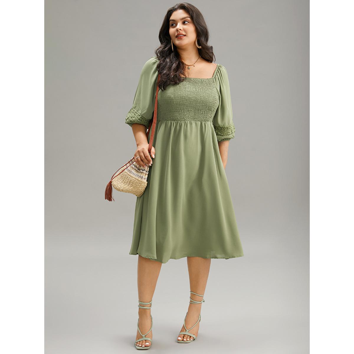 Plus Size Solid Shirred Square Neck Guipure Lace Dress Moss Women Vacation Elastic cuffs Square Neck Elbow-length sleeve Curvy Midi Dress BloomChic 22-24/3X Product Image