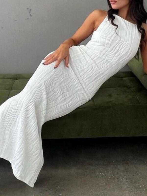 Bodycon Sleeveless Pleated Solid Color Split-Back Split-Joint Zipper Spaghetti-Neck Maxi Dresses Product Image