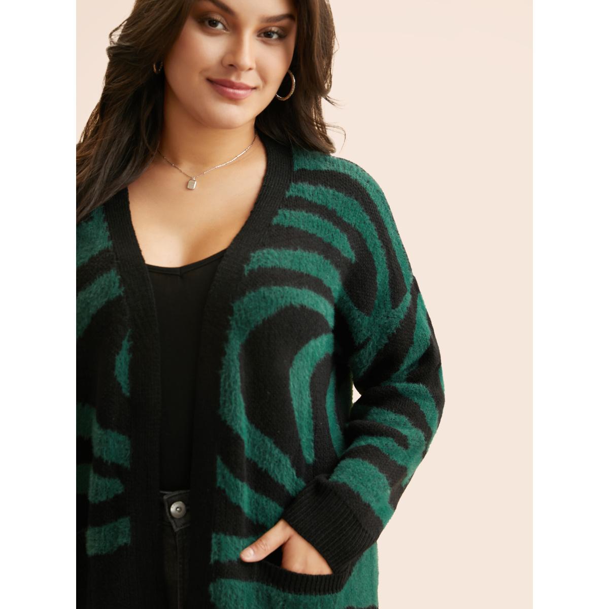 Plus Size Zebra Jacquard Drop Shoulder Cardigan ArmyGreen Women Leisure Loose Long Sleeve Casual Cardigans BloomChic 28/5X Product Image
