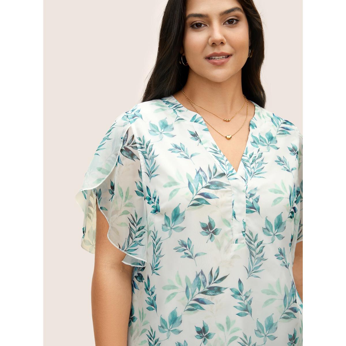 Plus Size Emerald Chiffon Tropical Print Petal Sleeve Blouse Women Elegant Half Sleeve Flat collar with V-notch Everyday Blouses BloomChic 30/6X Product Image