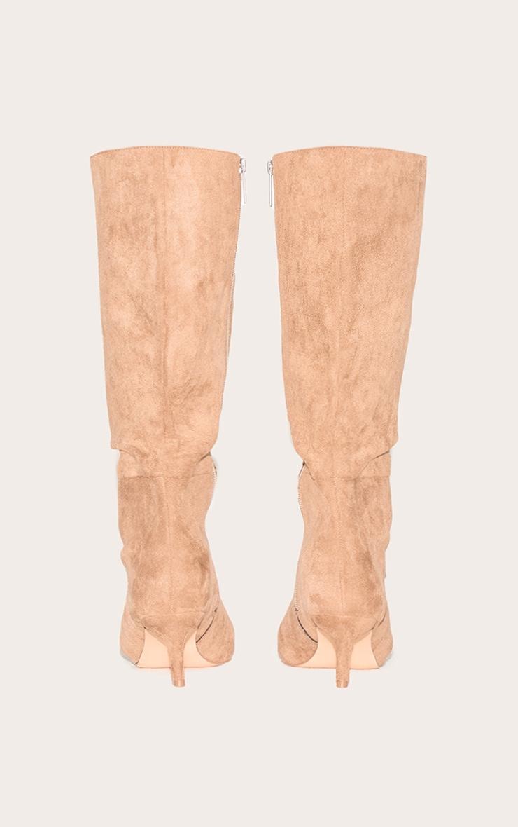 Taupe Faux Suede Point Toe Mid Heeled Knee High Boots Product Image