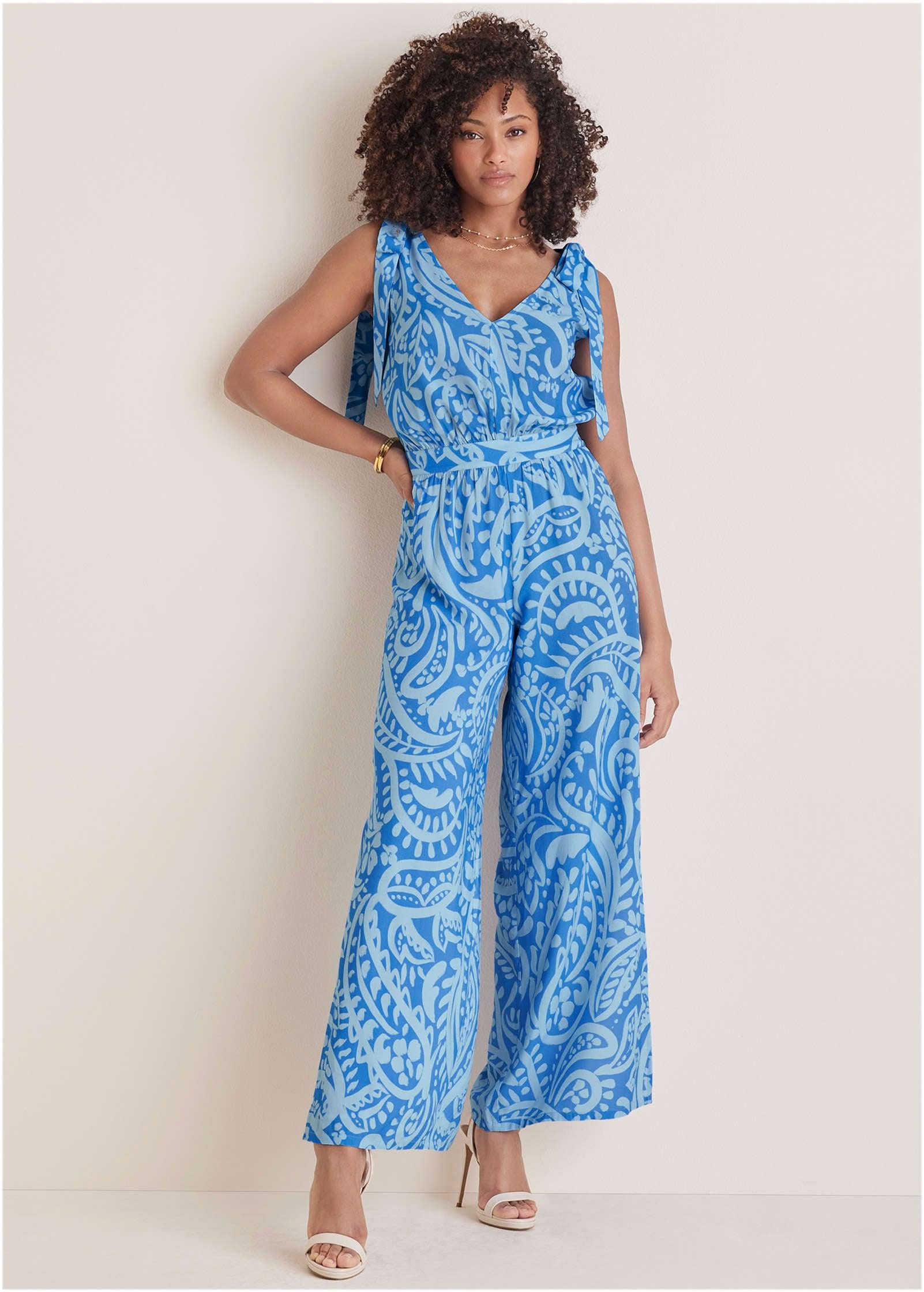Tie-Strap Wide Leg Jumpsuit - Blue Allover Spring Paisley Product Image