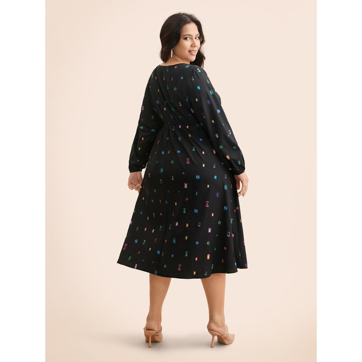 Plus Size Color Diamond Print V Neck Dress Black Women Cocktail Non Party Curvy Bloomchic 10/M Product Image