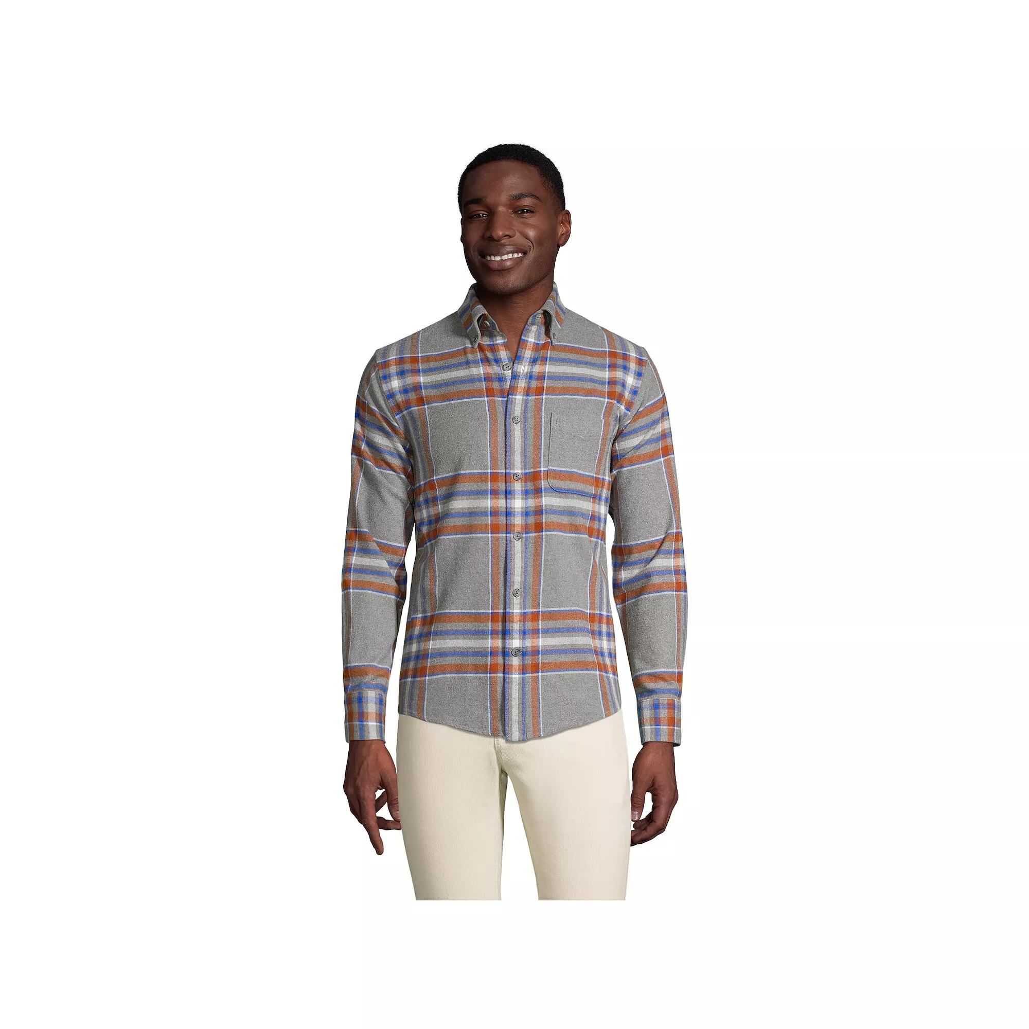 Men's Lands' End Traditional-Fit Flagship Flannel Button-Down Shirt, Size: Large, Pewter Grey Plaid Product Image