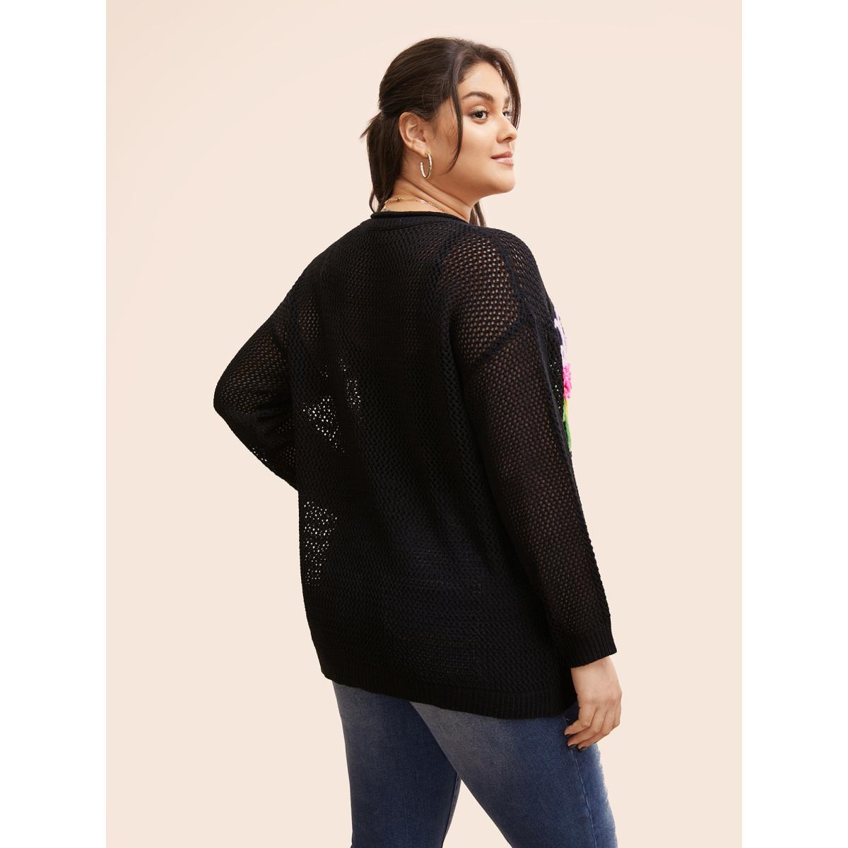Plus Size Crochet Floral Contrast Texture Pullover Black Women Casual Long Sleeve Round Neck Everyday Pullovers BloomChic 10/M Product Image