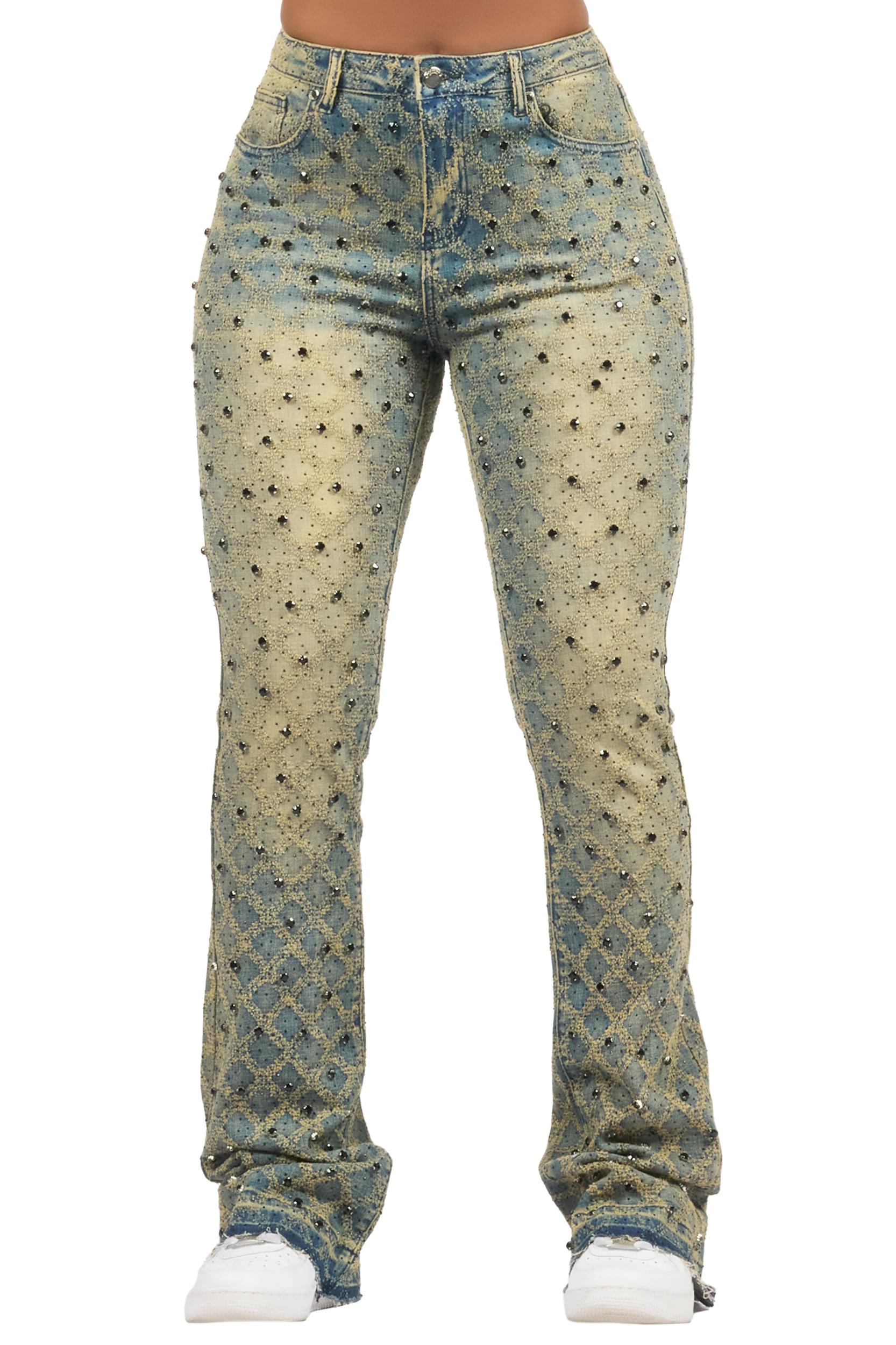 Sareka Tinted Dark Wash Rhinestone Stacked Flare Jean Female Product Image